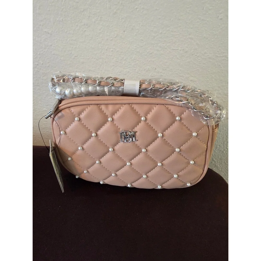 Badgley Mischka Diamond Quilted Camera Bag Pink Faux Pearl Crossbody BM-4138